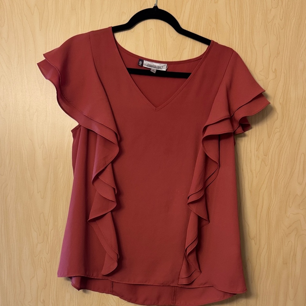 Jennifer Lopez | Women’s Terracotta Ruffled V-Neck Blouse | Size Medium